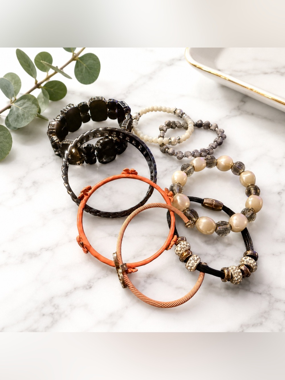 Mixed Bracelet Lot Rhinestone Beaded Bangle Pearl Statement Stack